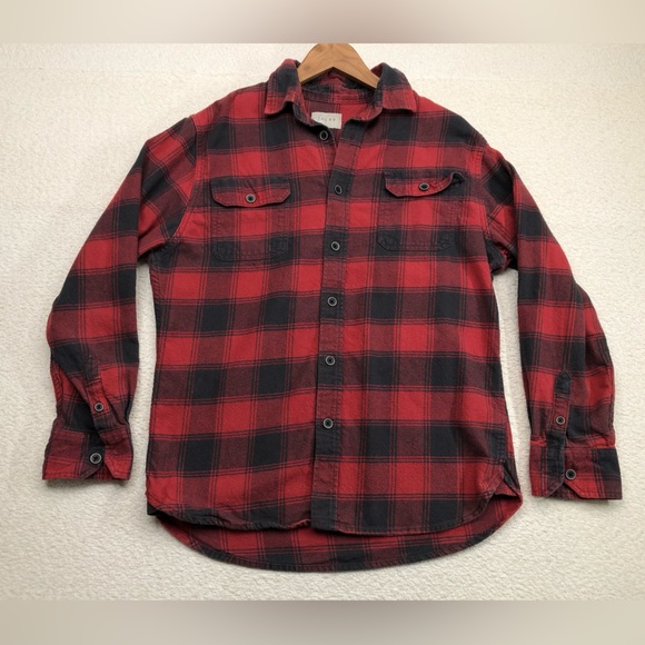 JACHS Mens Long Sleeve Button Down Flannel Shirt Red Black Plaid Pattern Medium - Picture 1 of 8
